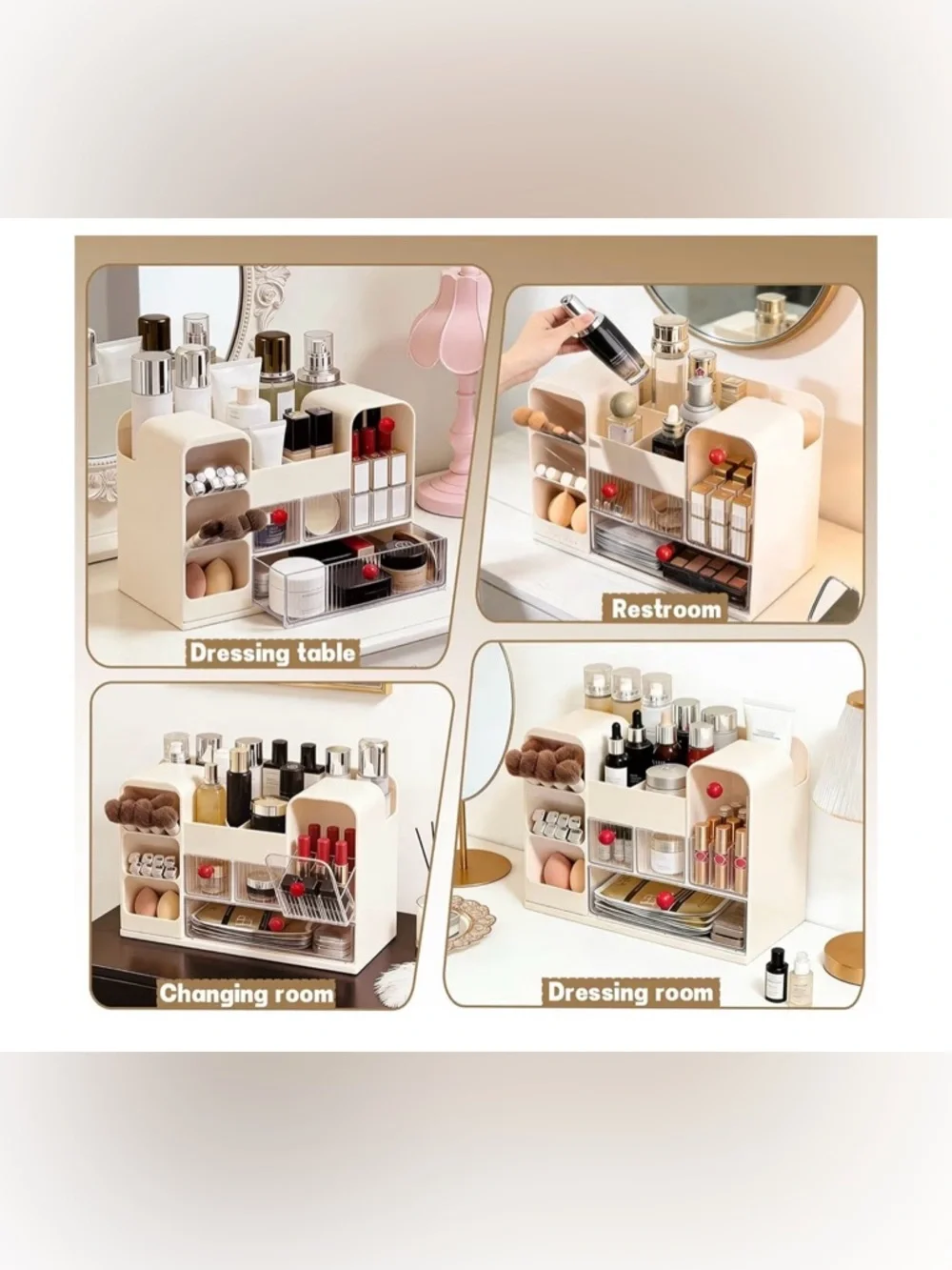Beige Cosmetic Organizer for Countertop - Multi-Compartment Makeup Storage